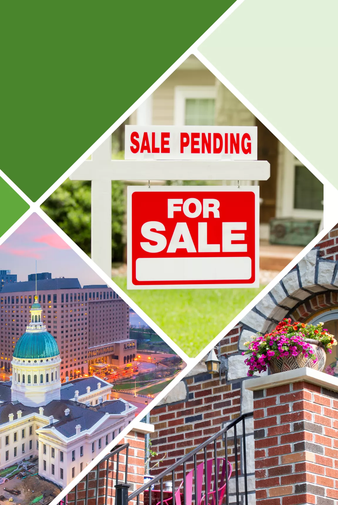 A collage of a Home For Sale Sign in a front yard, a photo of historic buildings in downtown St. Louis at sunset, and the front porch of an all brick St. Louis City home. Stifel is here to help the Greater St. Louis area with all their mortgage lending needs, Contact Us.