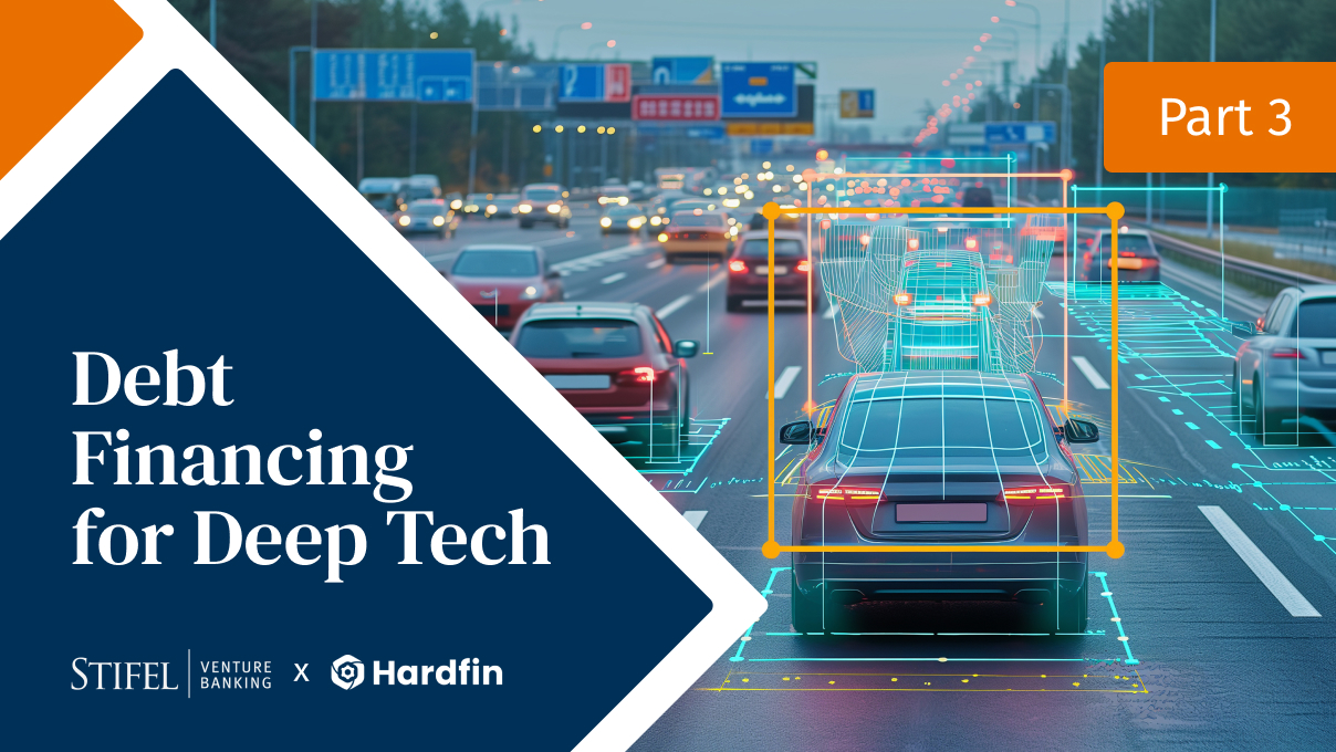 AI image of cars on a freeway with a UI overlay of self-driving technology, text reads "Debt Financing for Deep Tech, Stifel Venture Bank x Hardfin"