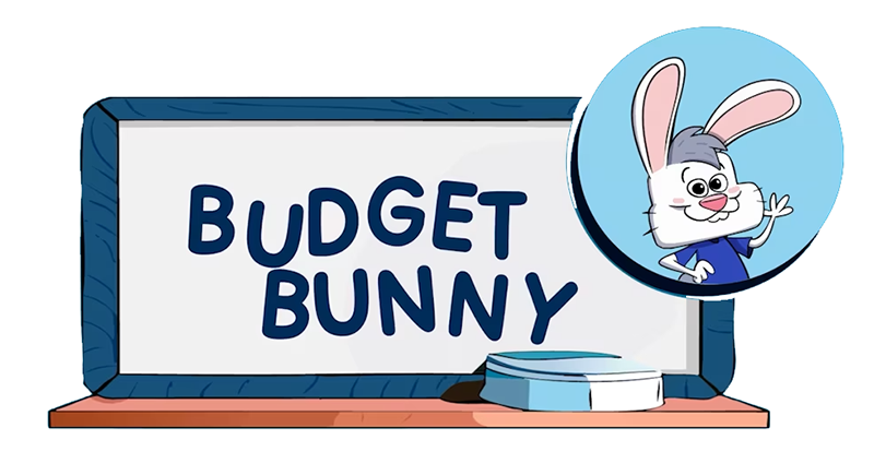 The words Budget Bunny in a TV screen with Bud pictured in the top right