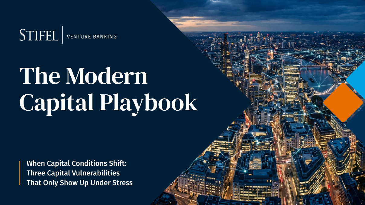 Cover image for 'The Modern Capital Playbook' featuring an aerial view of a modern city skyline with a digital network overlay, illustrating financial connectivity and capital markets.